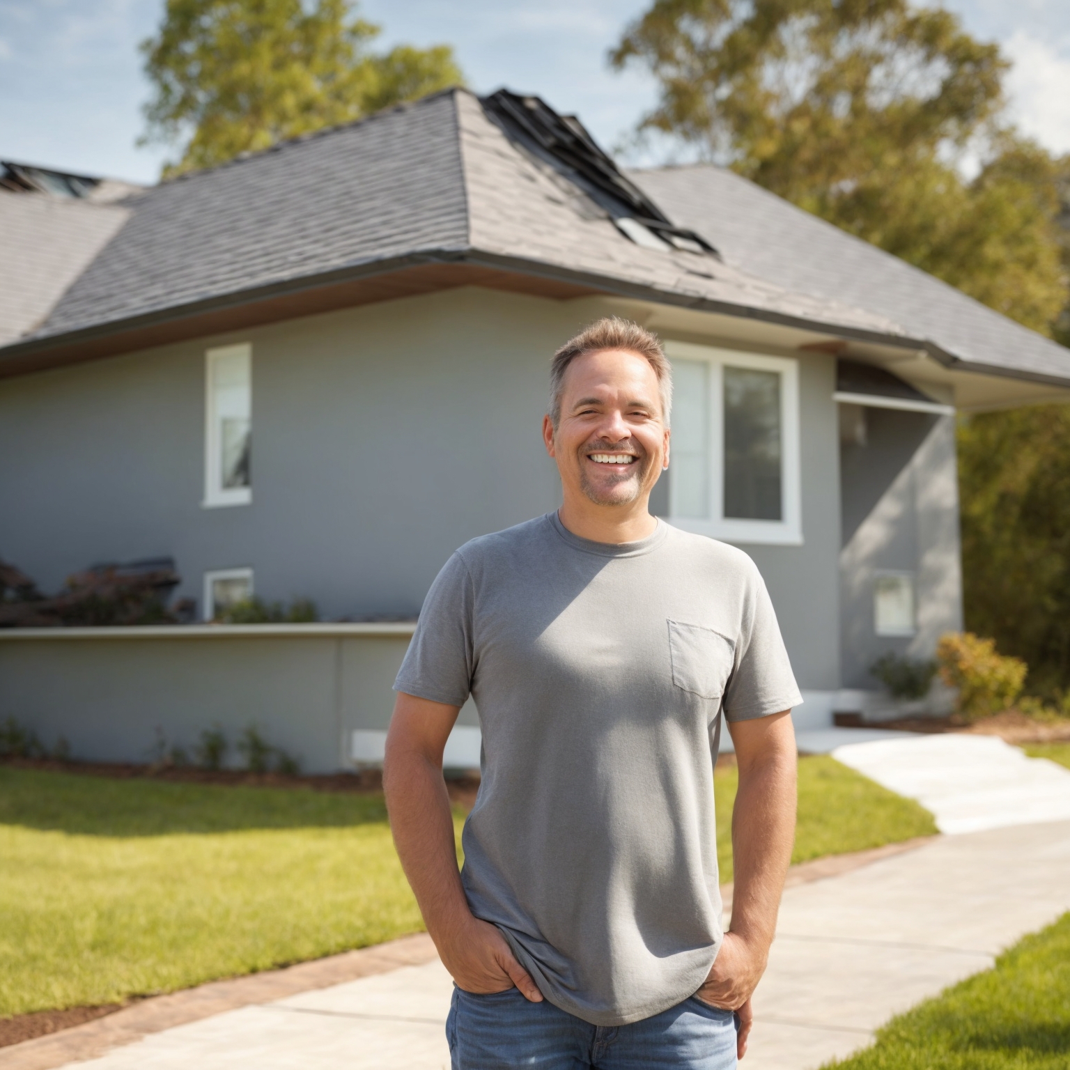 Property owner standing in front of completed roof installation, expressing satisfaction with finished work